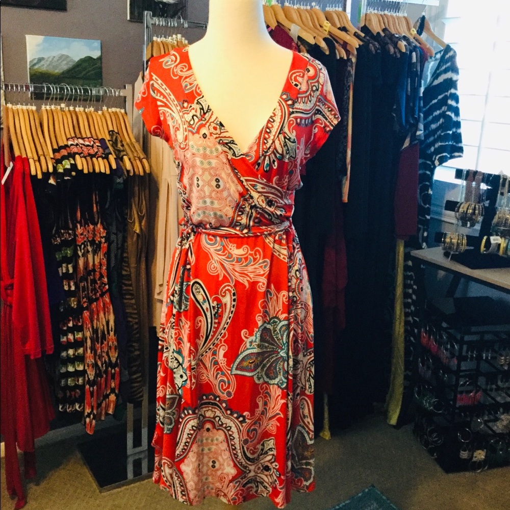 Red Multi Color Wrap Dress